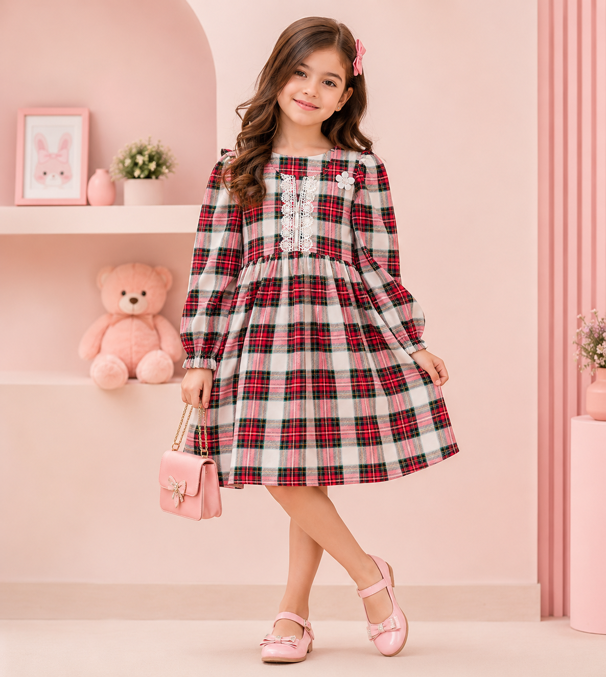 Cherry Plaid Lace Dress
